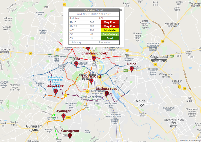 AQI levels across Delhi as reported on SAFAR's website
